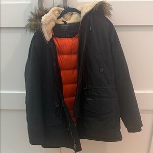 Abercrombie & Fitch Black Parka with Orange Quilted Liner and Sherpa Hood